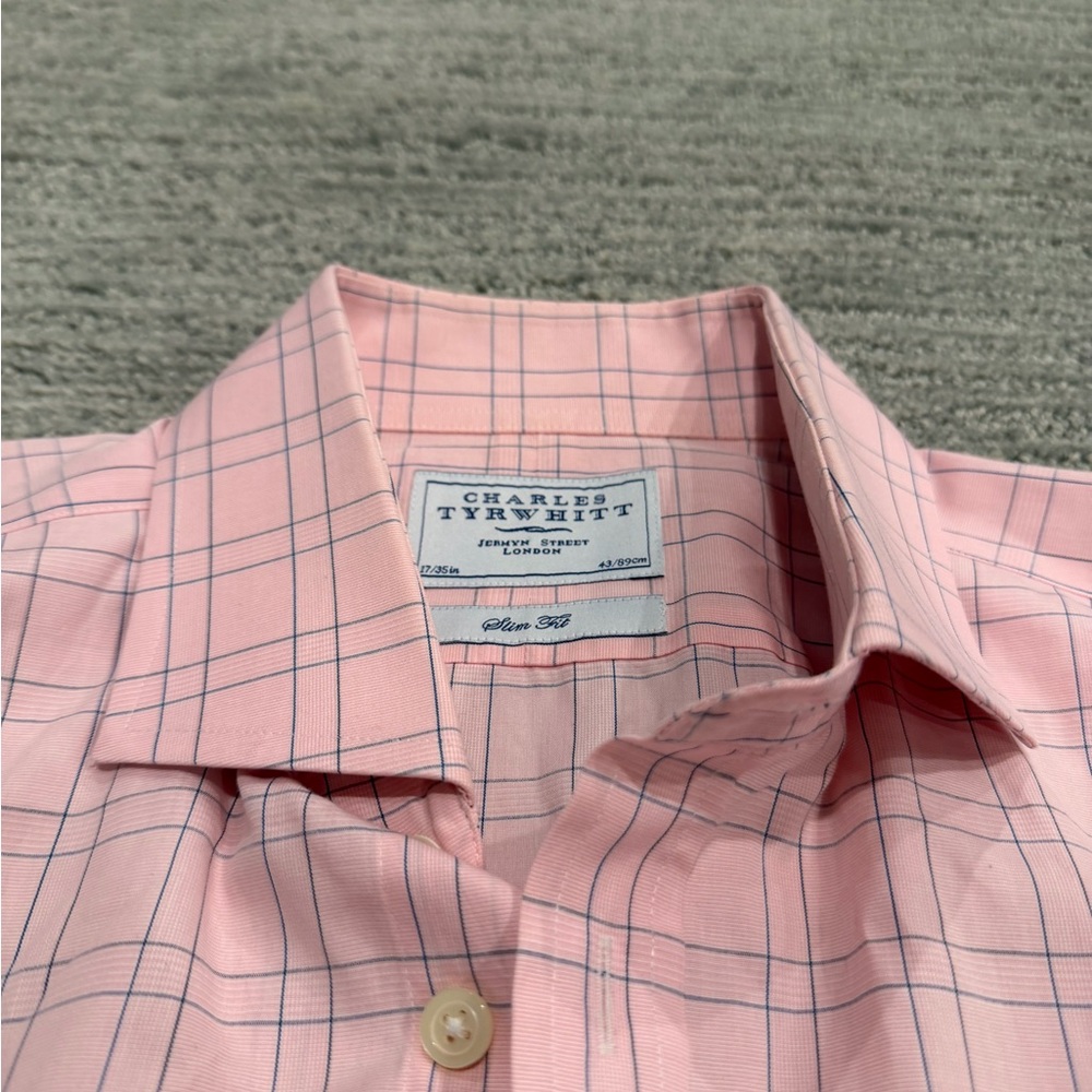 Charles Tyrwhitt Men's Slim Fit Pink and Blue Grid Buttondown Shirt - 17 / 35